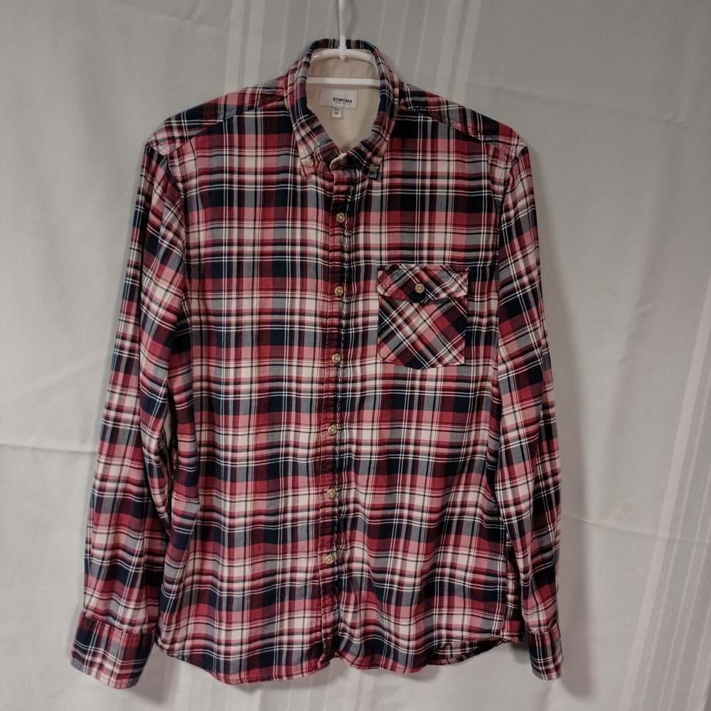 Sonoma Goods For Life Mens Plaid Button Down Shirt‎ Red Navy Blue Size Medium